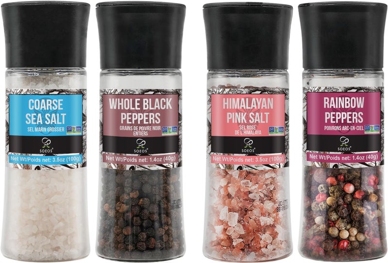 Soeos Spice Set: Black Peppercorns, Sea Salt, Rainbow Peppercorns & Pink Salt - Image 1
